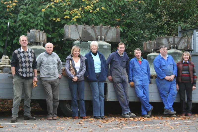 Villagers and bellringers with the bells on the lorry